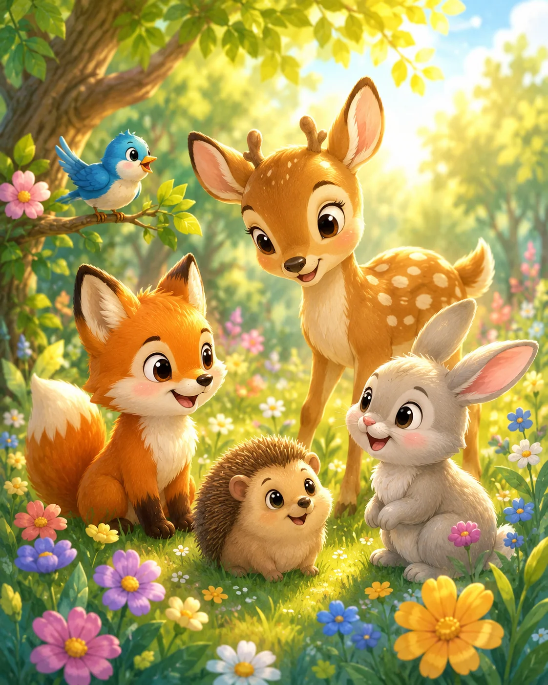Friendly woodland animals in a sunny flower meadow