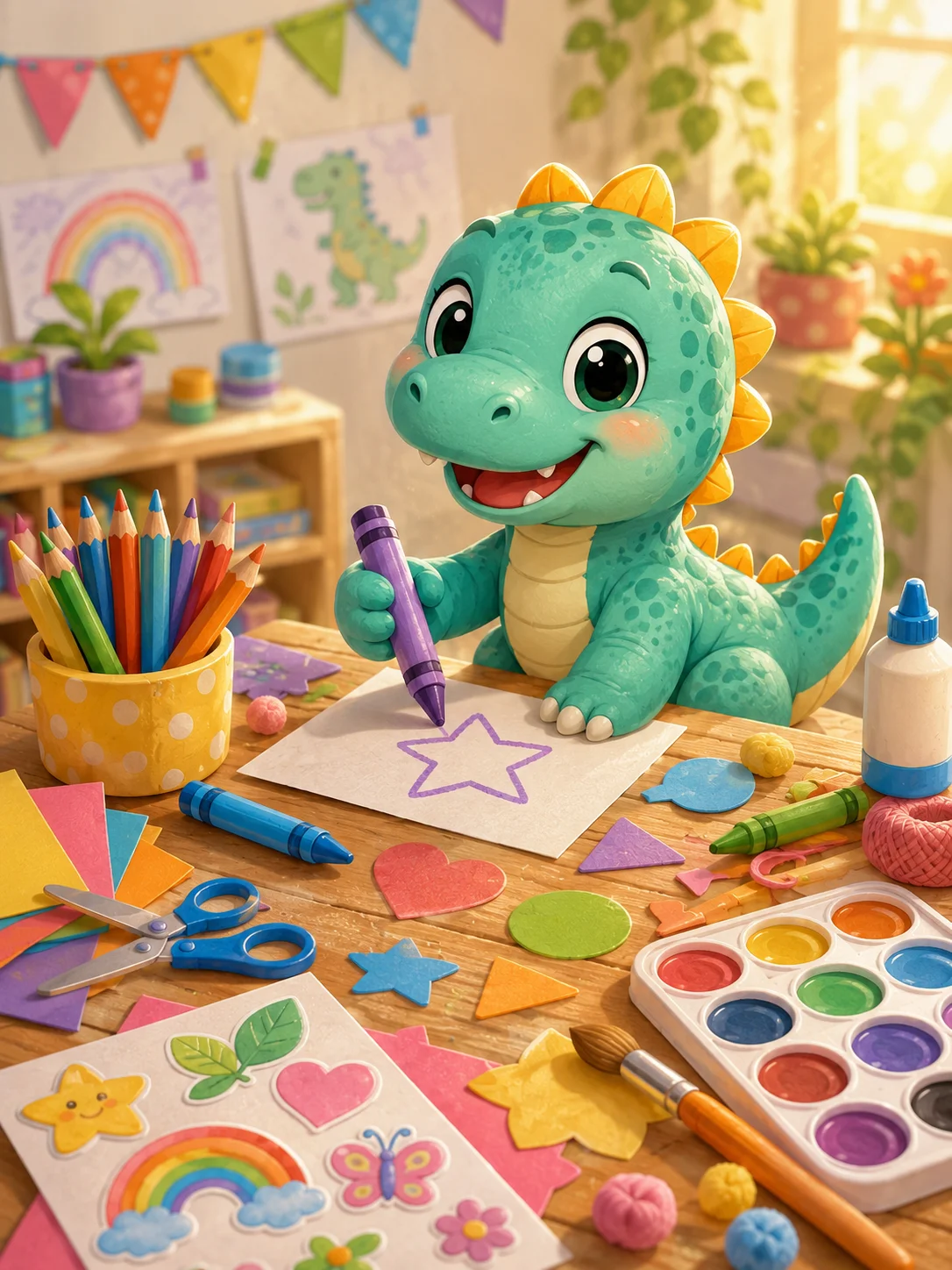 Friendly dinosaur drawing with crayons on a classroom art table