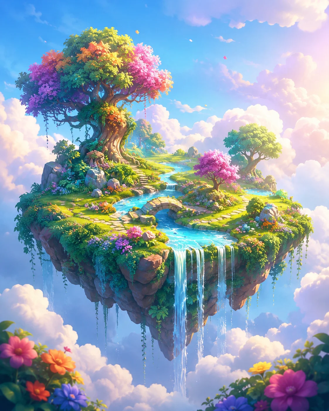 Magical floating island with waterfall, flowers and colorful trees