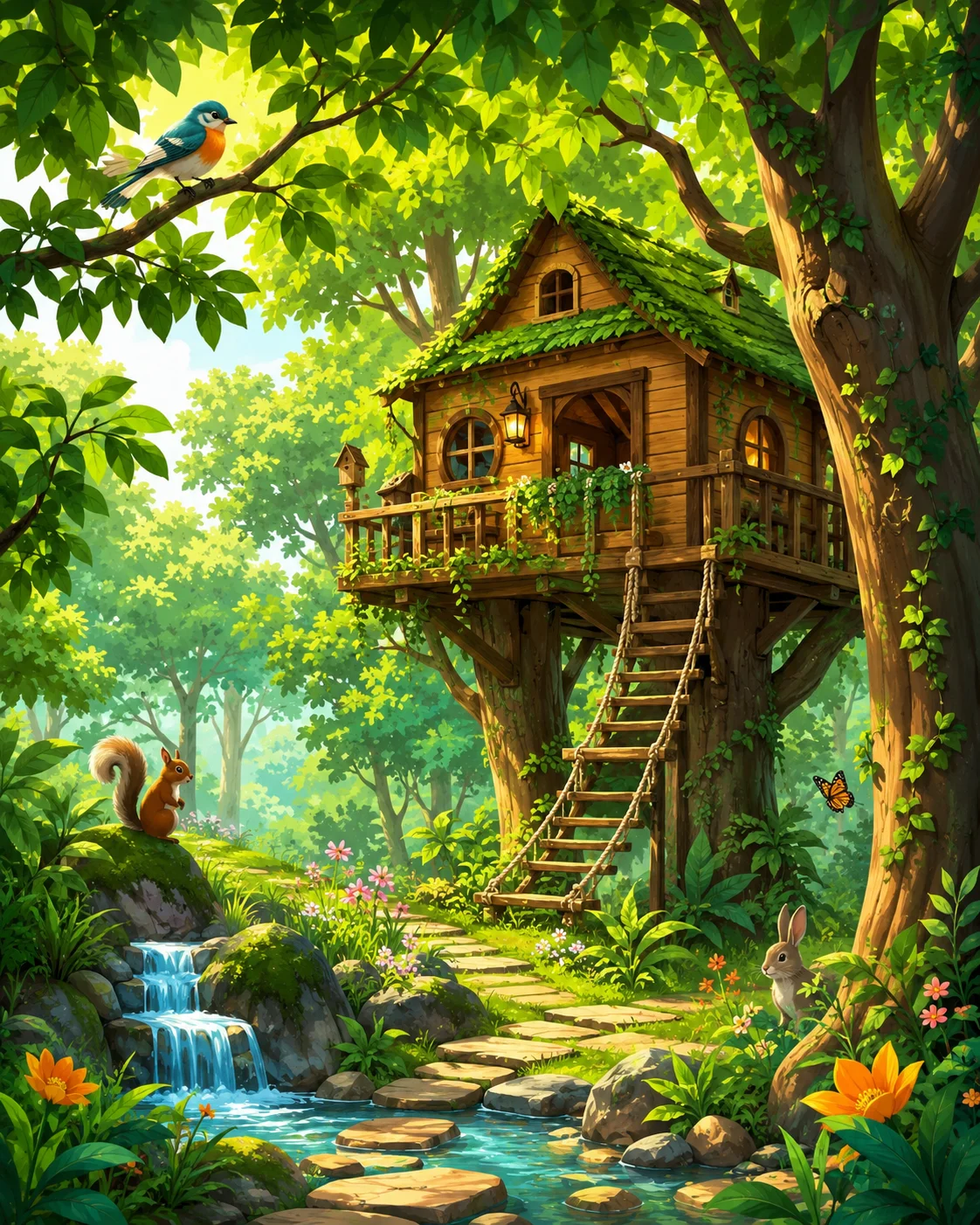Sunny forest treehouse with stream and woodland animals