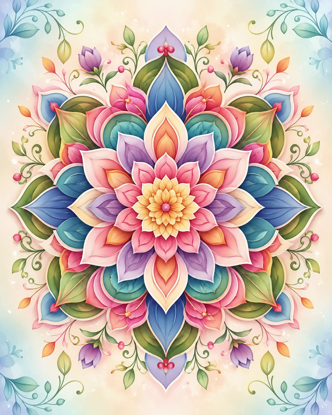 Colorful floral mandala with soft symmetrical petals