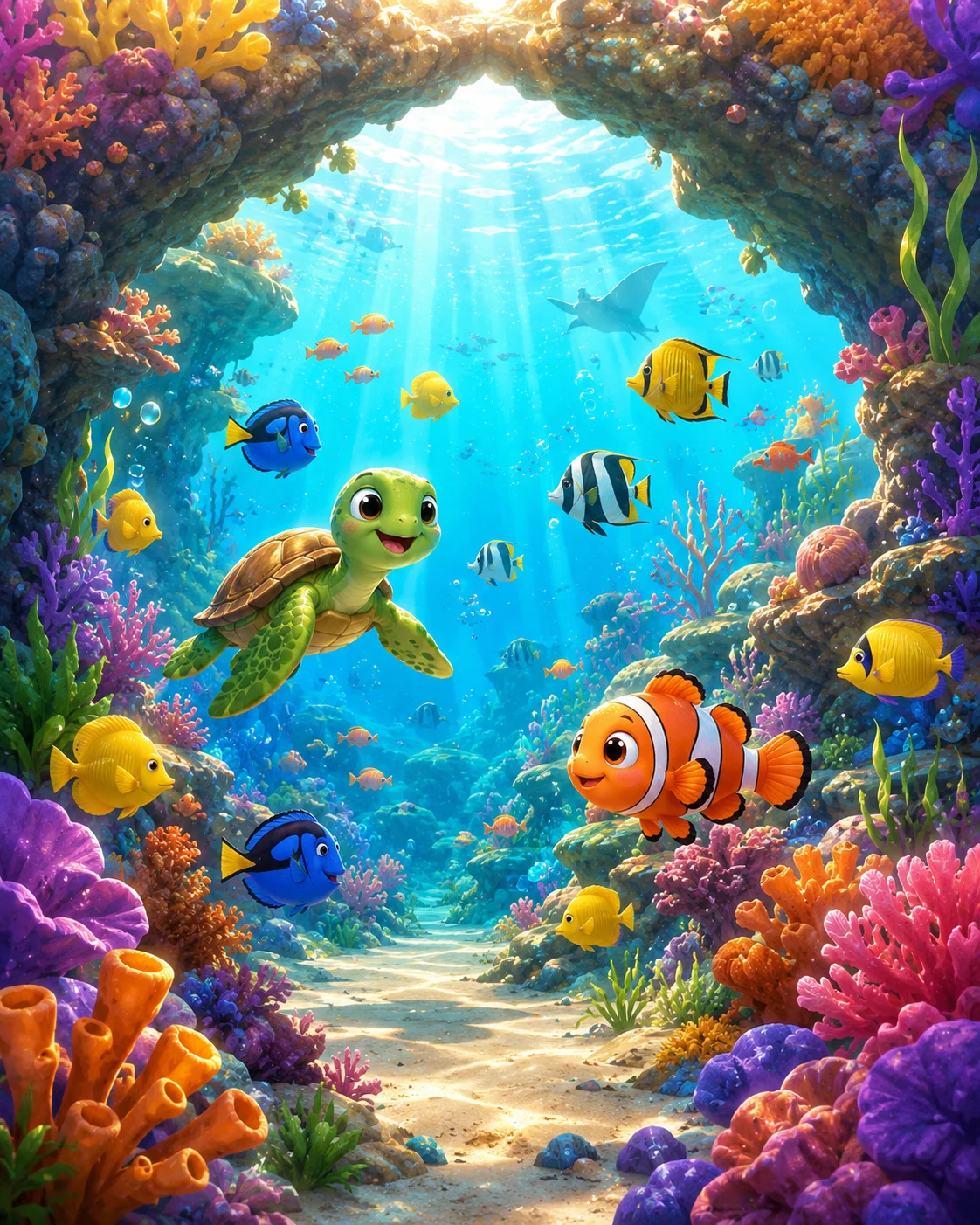Colorful underwater scene with sea turtles, fish and coral