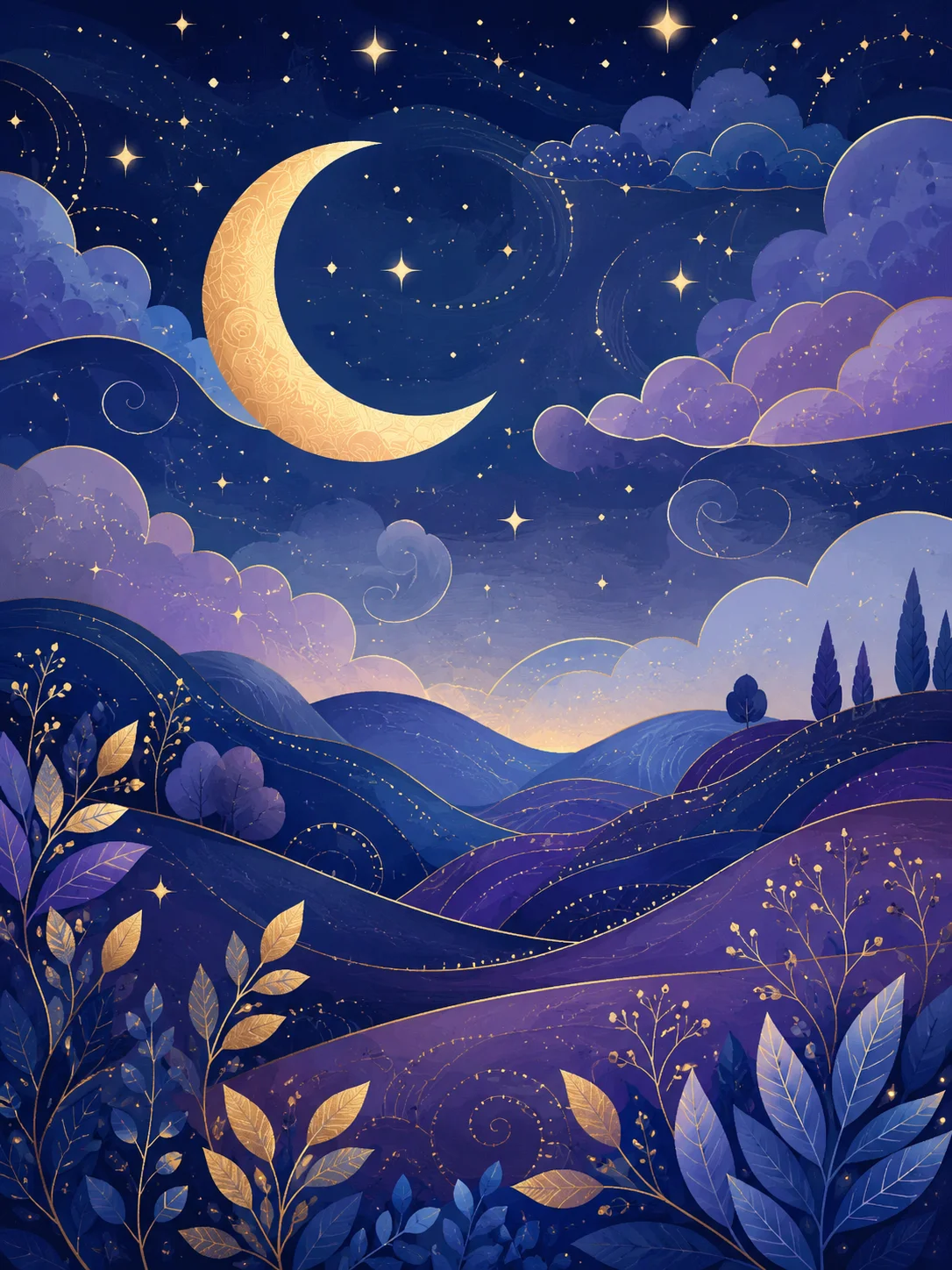 Calm night landscape with moon, stars and soft blue hills