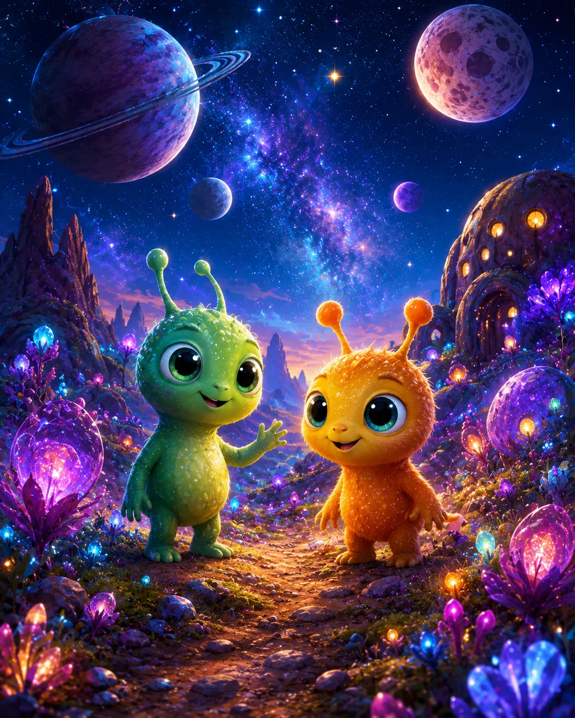 Friendly aliens in a colorful glowing space landscape