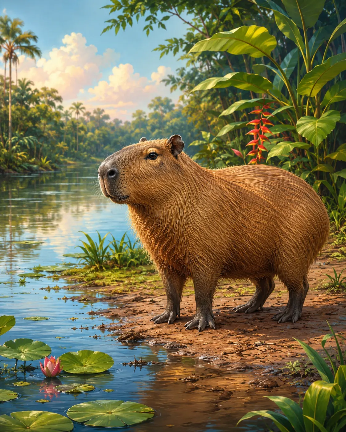 Capybara standing beside a calm river with water lilies