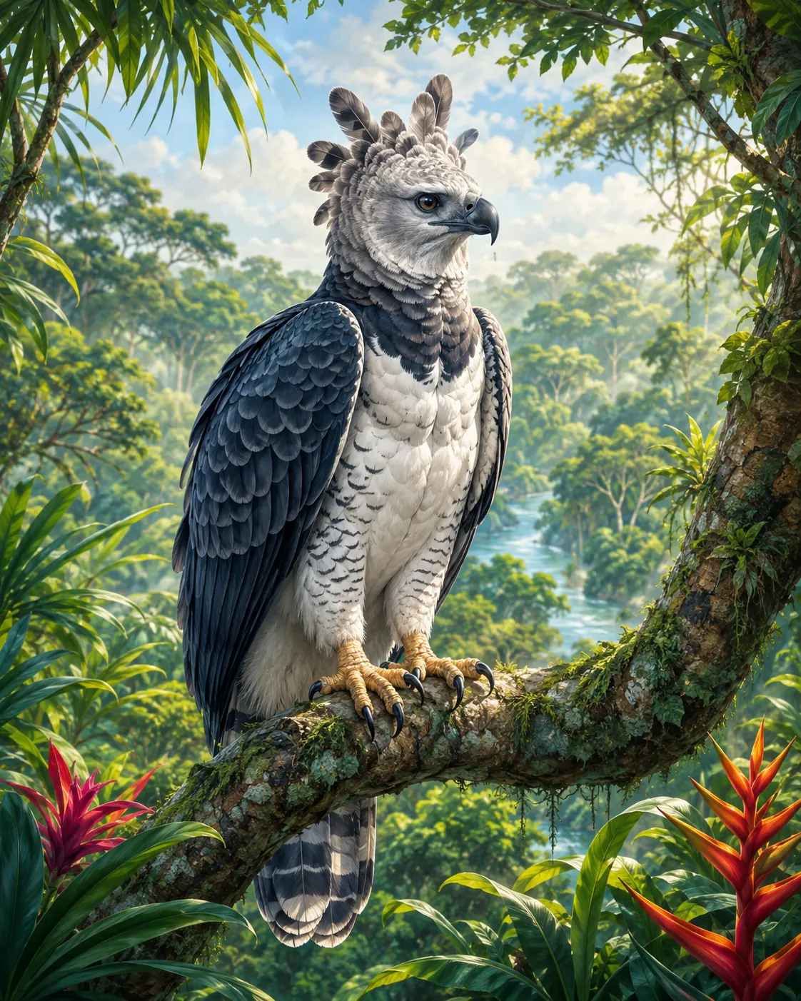 Harpy eagle perched on a branch in the rainforest canopy