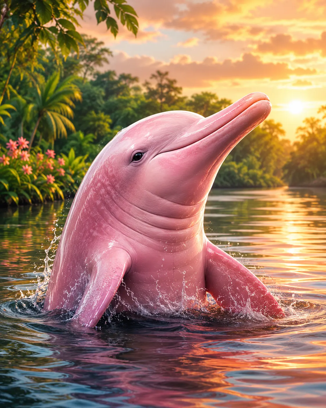 Pink river dolphin surfacing from the water at sunset