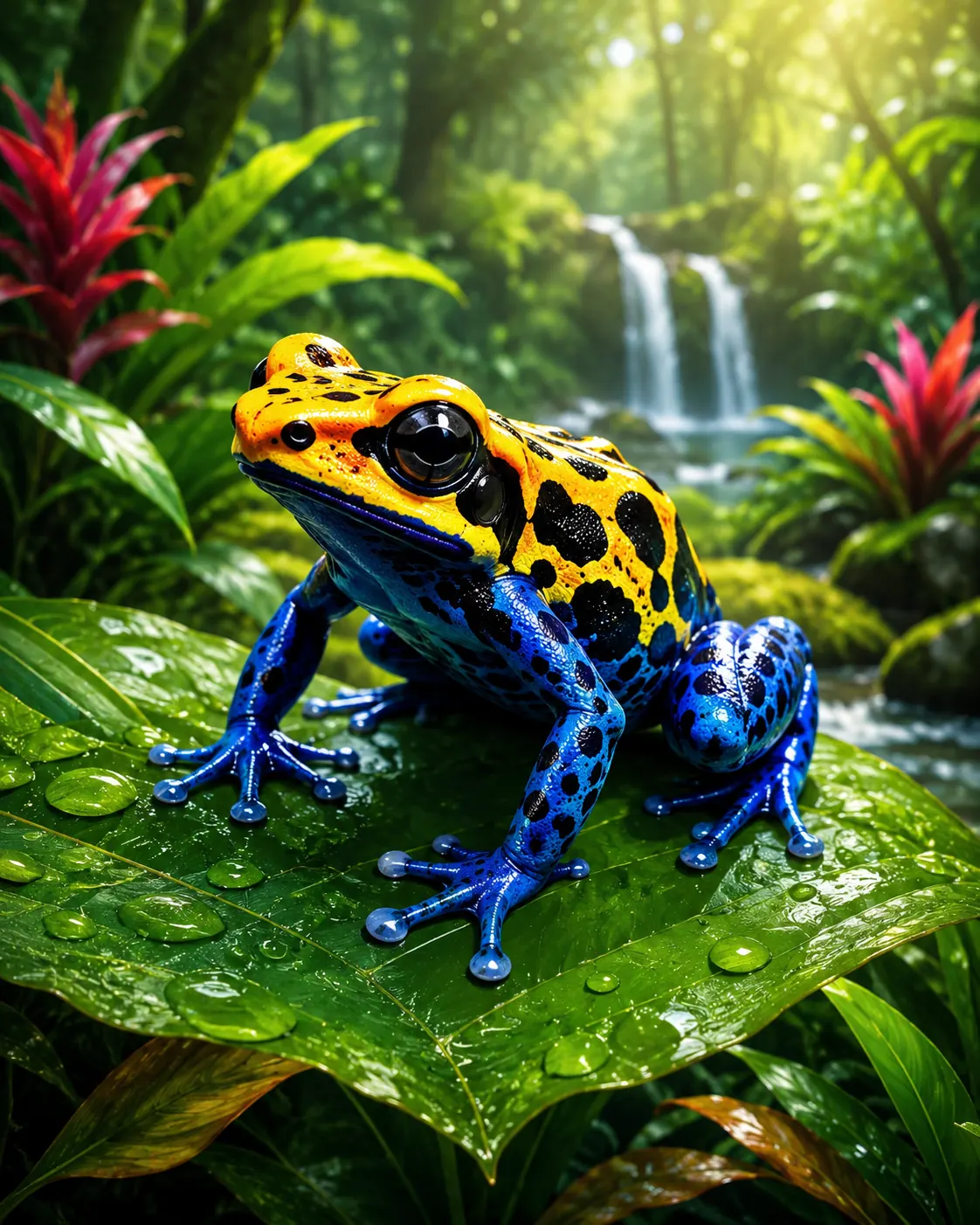 Poison dart frog resting on a large rainforest leaf