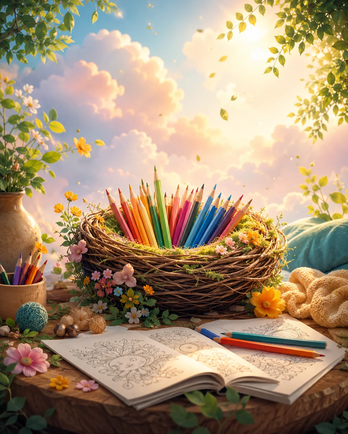 Colorful original ColorNest Kids artwork with playful coloring page scenes