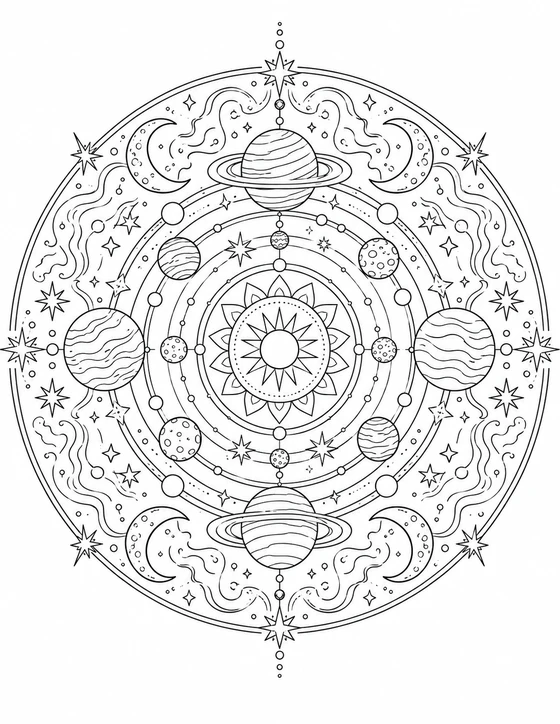 Detailed Space Mandala Coloring Page