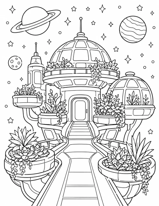 Printable Alien Planet Castle Coloring Page