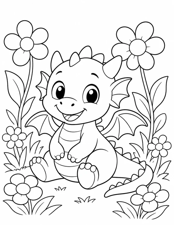 Baby Dragon with Flowers Coloring Page