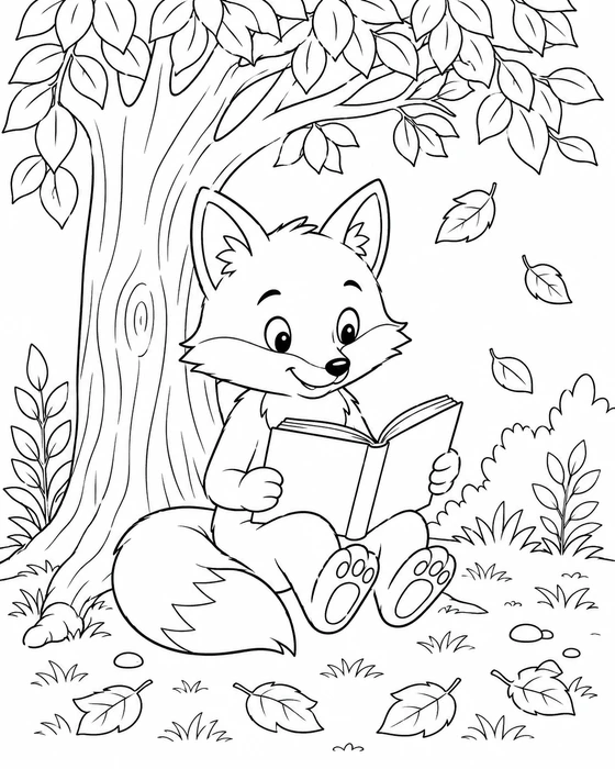 Fox Reading a Book Coloring Page