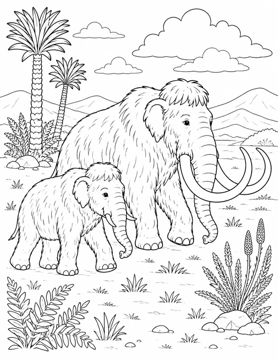 Mammoth with Calf printable coloring page