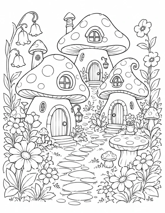 Mushroom Village Coloring Page