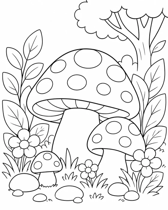 Easy Forest Mushrooms Coloring Page