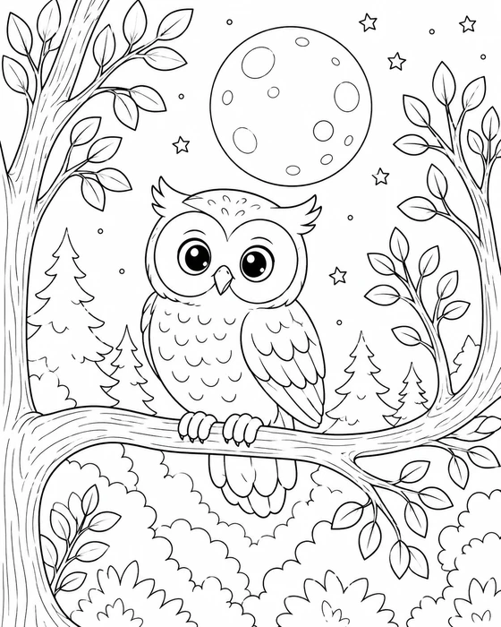 Owl on a Branch at Night printable coloring page
