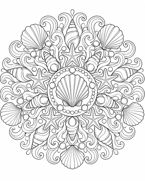 Detailed Seashell Mandala Coloring Page
