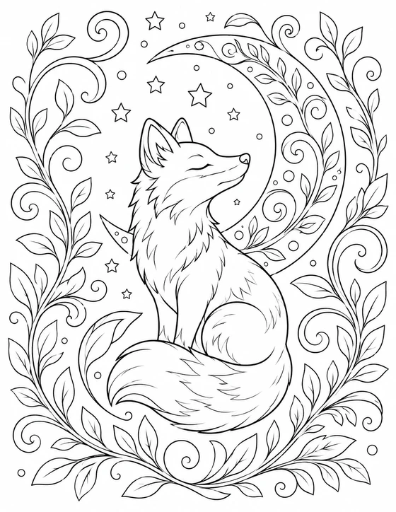 Relaxing Fox and Crescent Moon Coloring Page