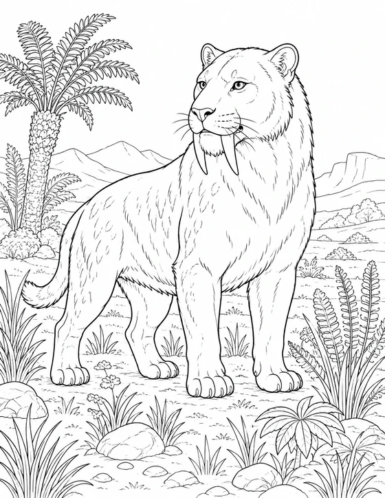 Saber-Toothed Cat in a Meadow Coloring Page