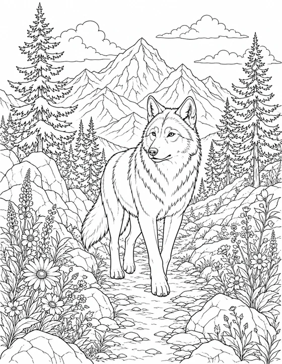 Wolf in the Mountains Coloring Page