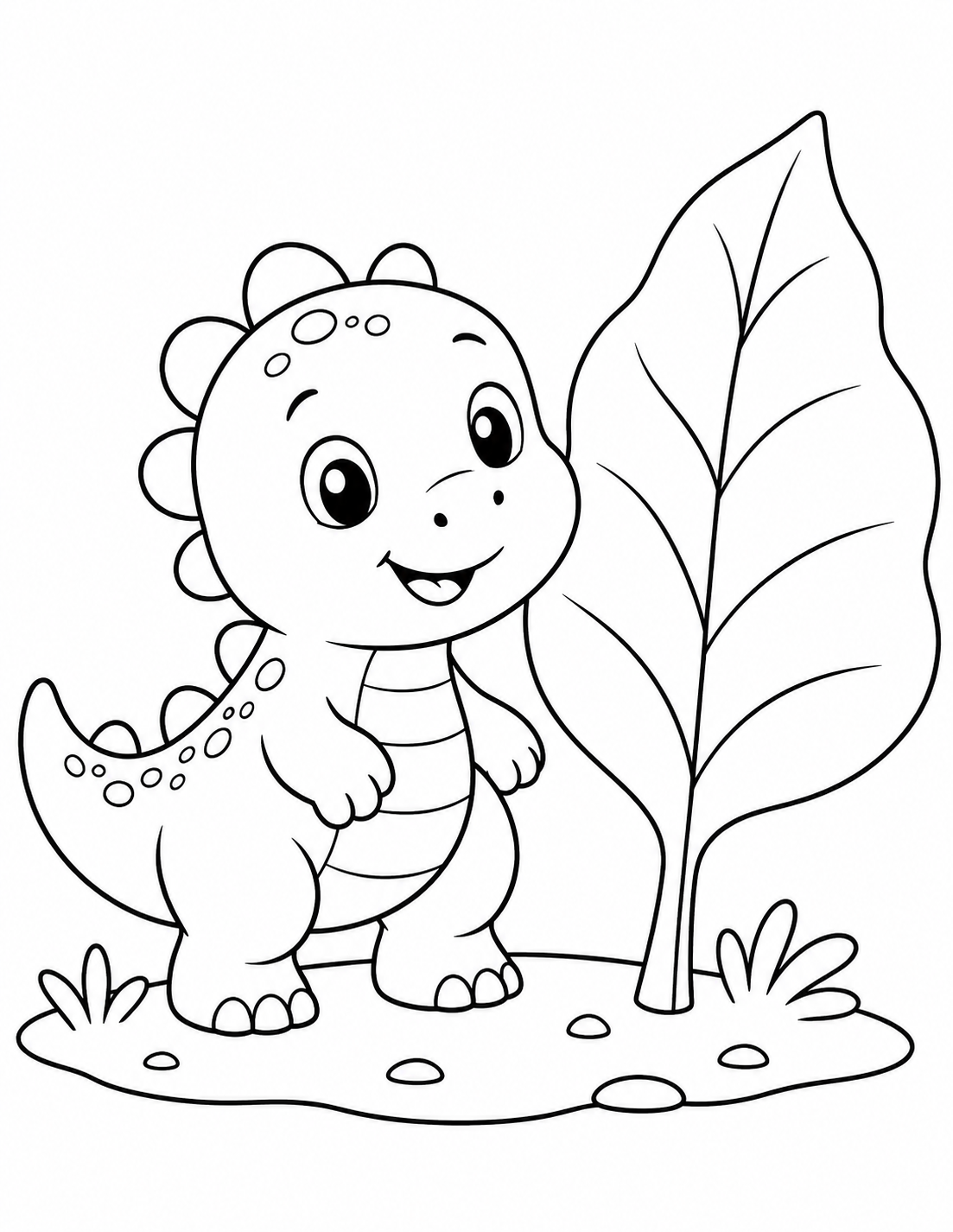 Baby Dinosaur and Leaf printable coloring page line art