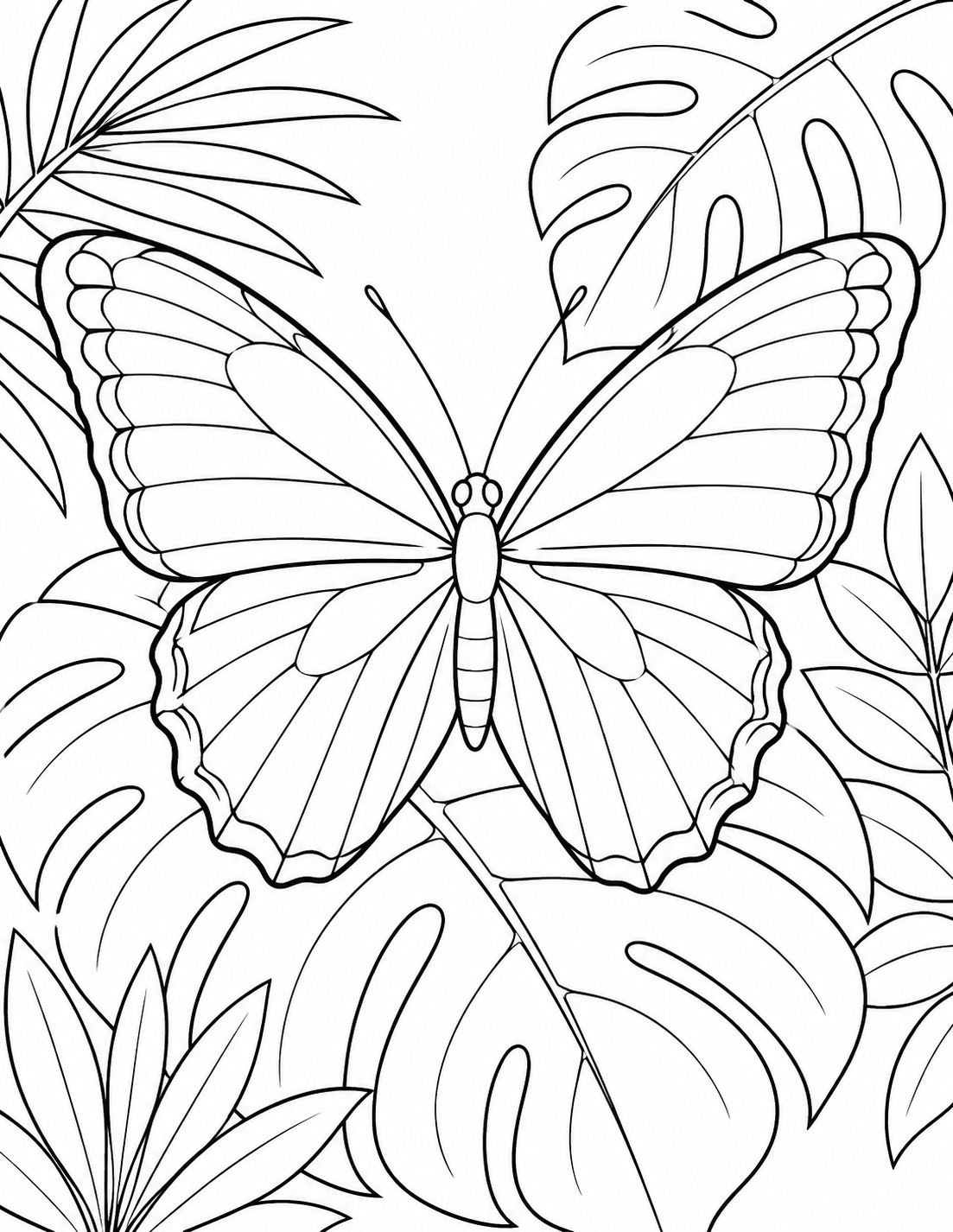Borboleta Morpho Azul na Folha — desenho em traço para colorir e imprimir