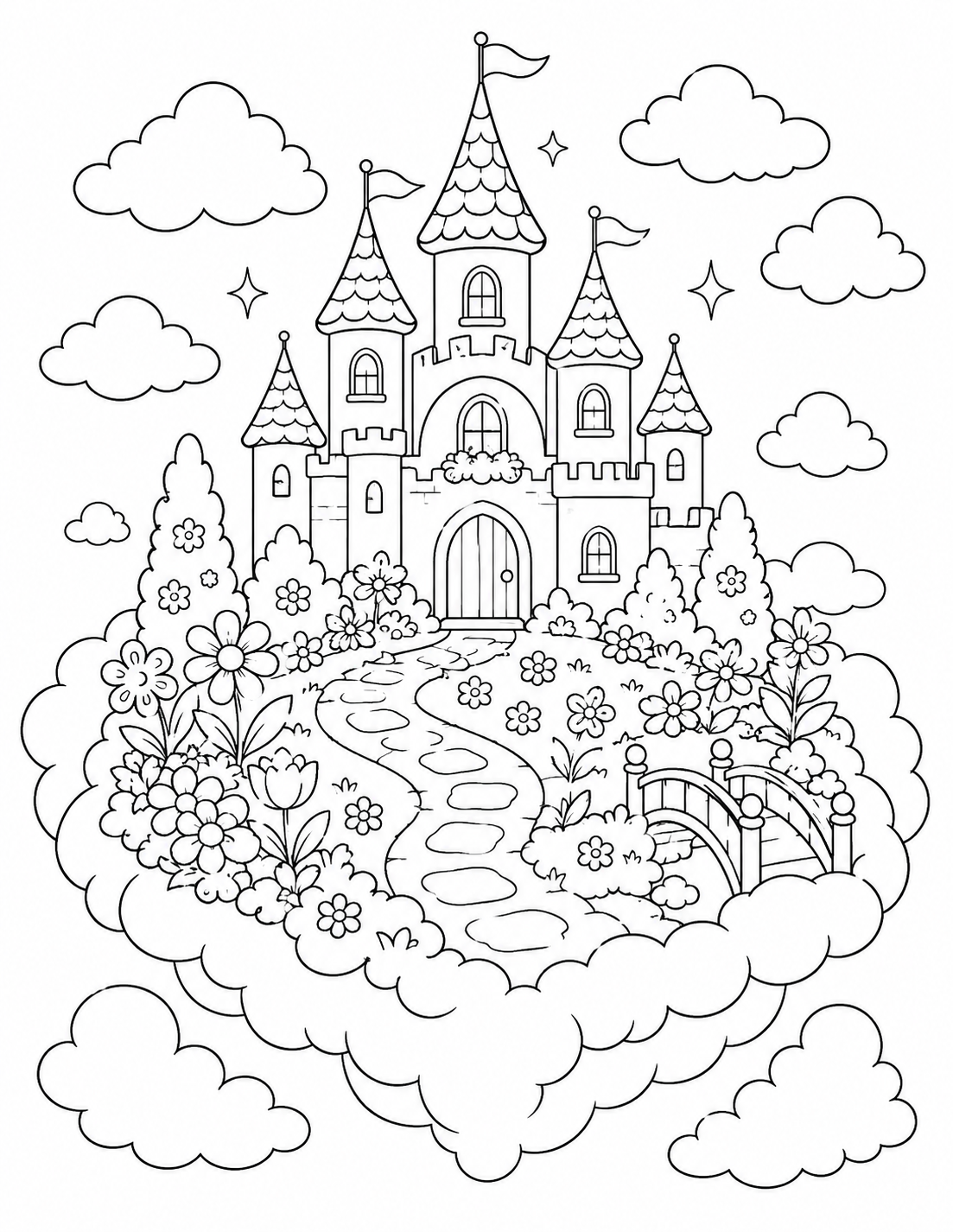 Castle Cloud Garden printable coloring page line art