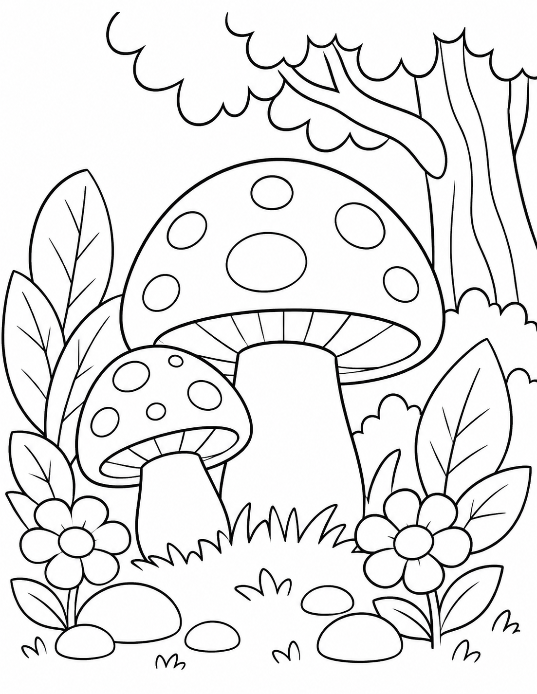 Cozy Forest Mushroom printable coloring page line art