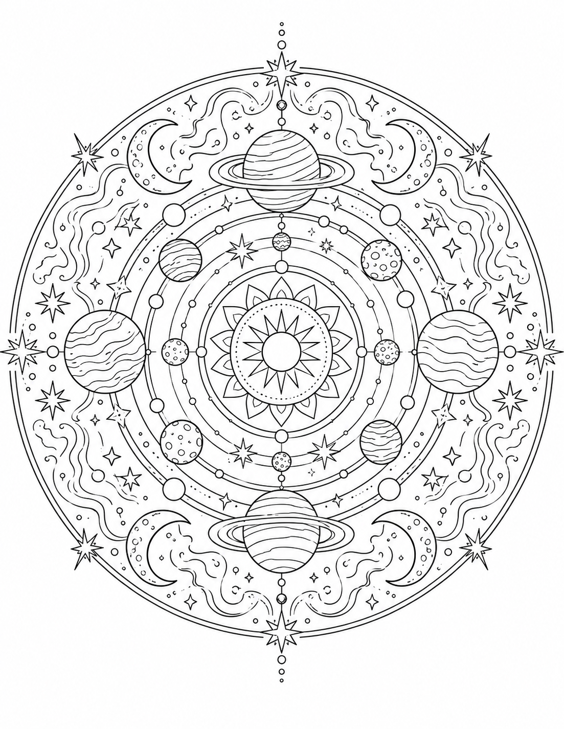 Deep Space Mandala printable coloring page line art