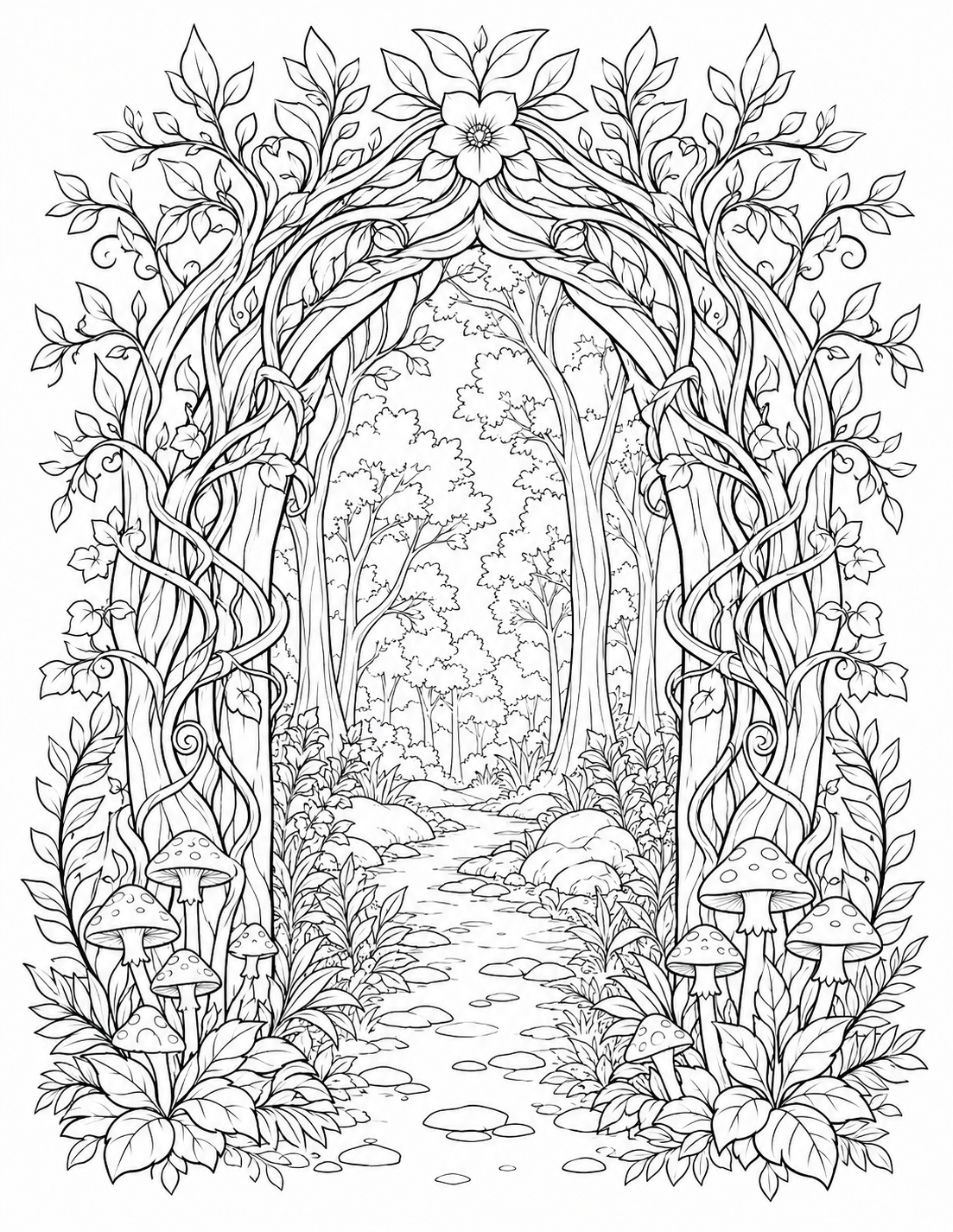 Forest Doorway Pattern printable coloring page line art