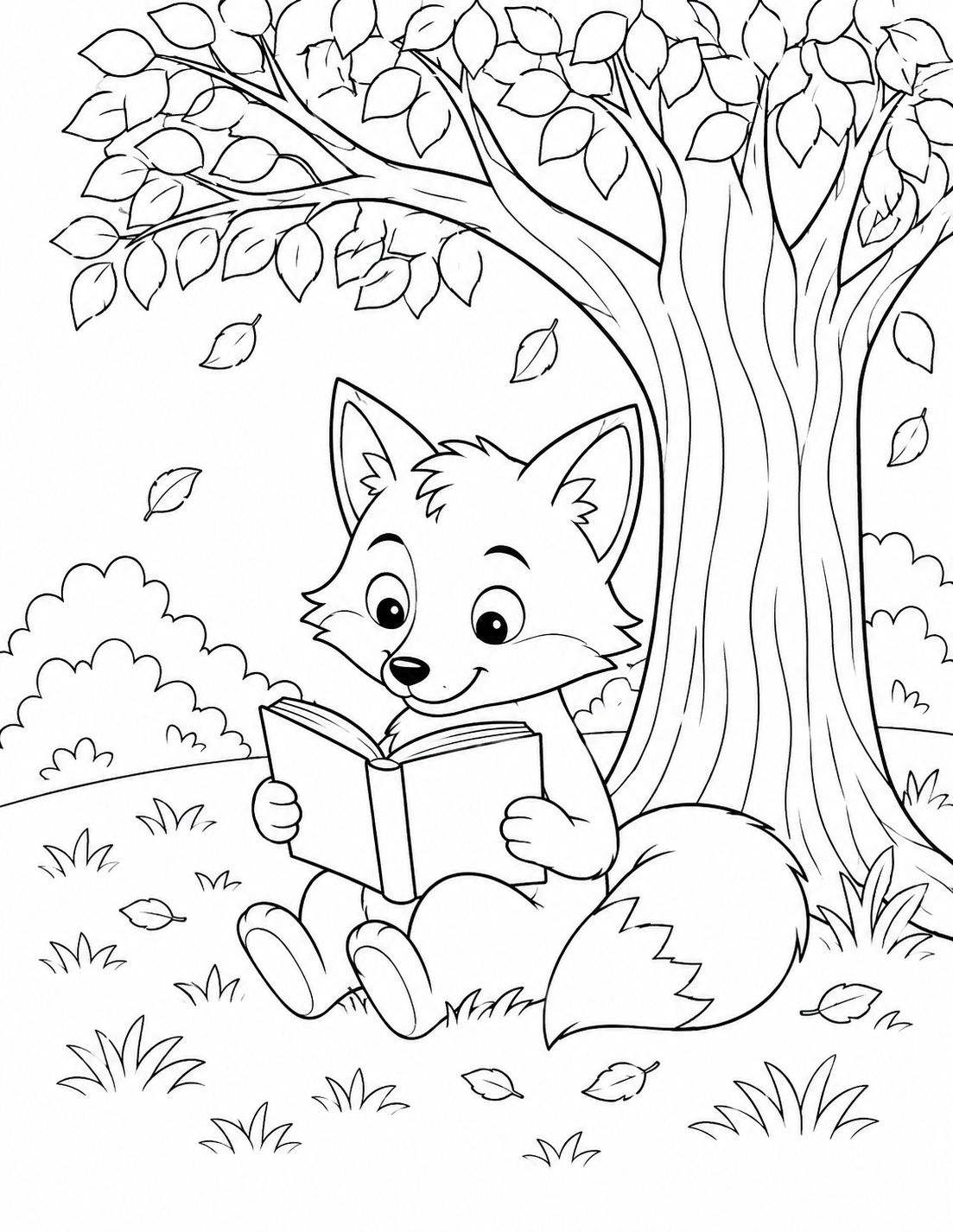 Fox Reading Under a Tree printable coloring page line art