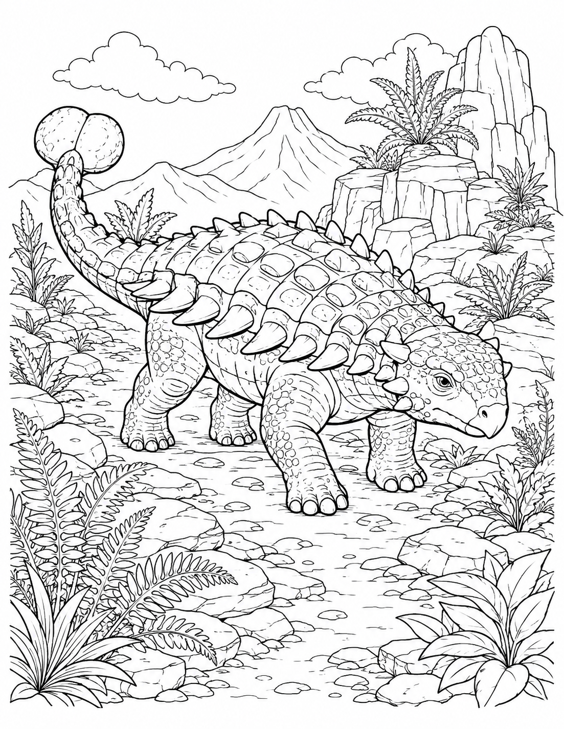 Ankylosaurus in the Mountains printable coloring page line art