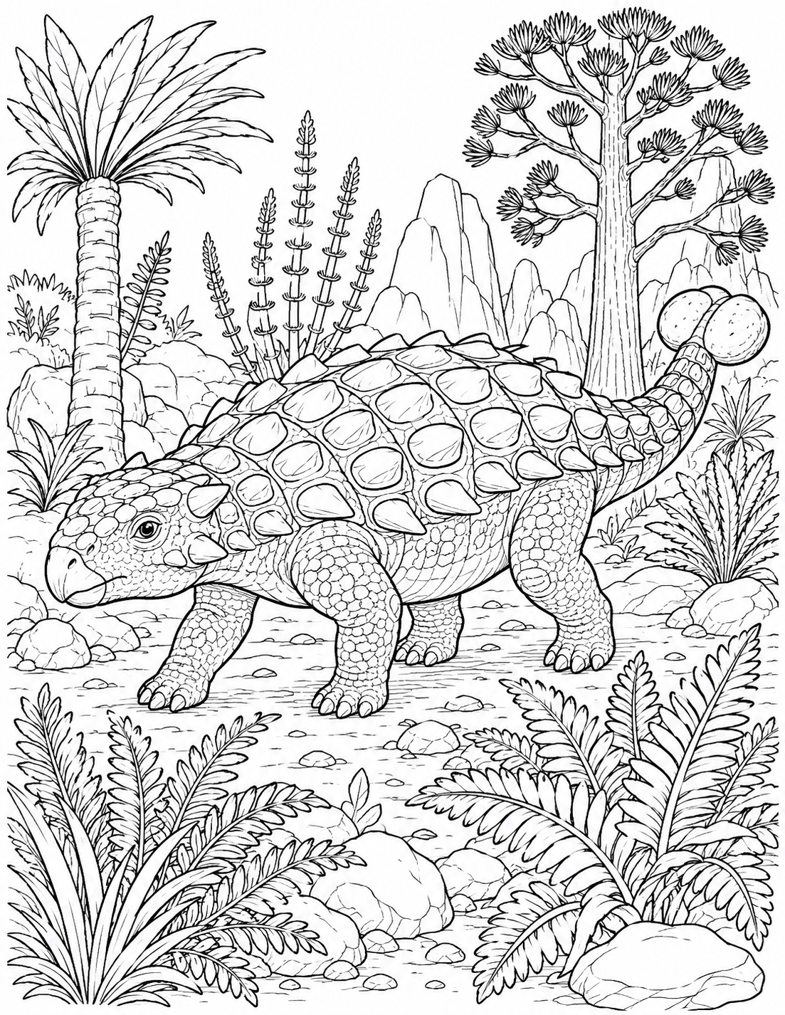 Armored Dinosaur on the Trail printable coloring page line art