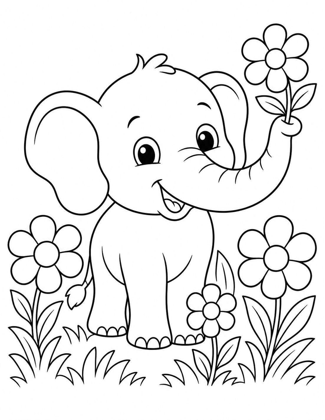 Baby Elephant with Flowers printable coloring page line art