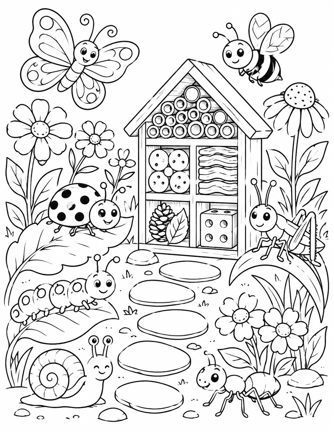 Beehive Garden Scene printable coloring page line art