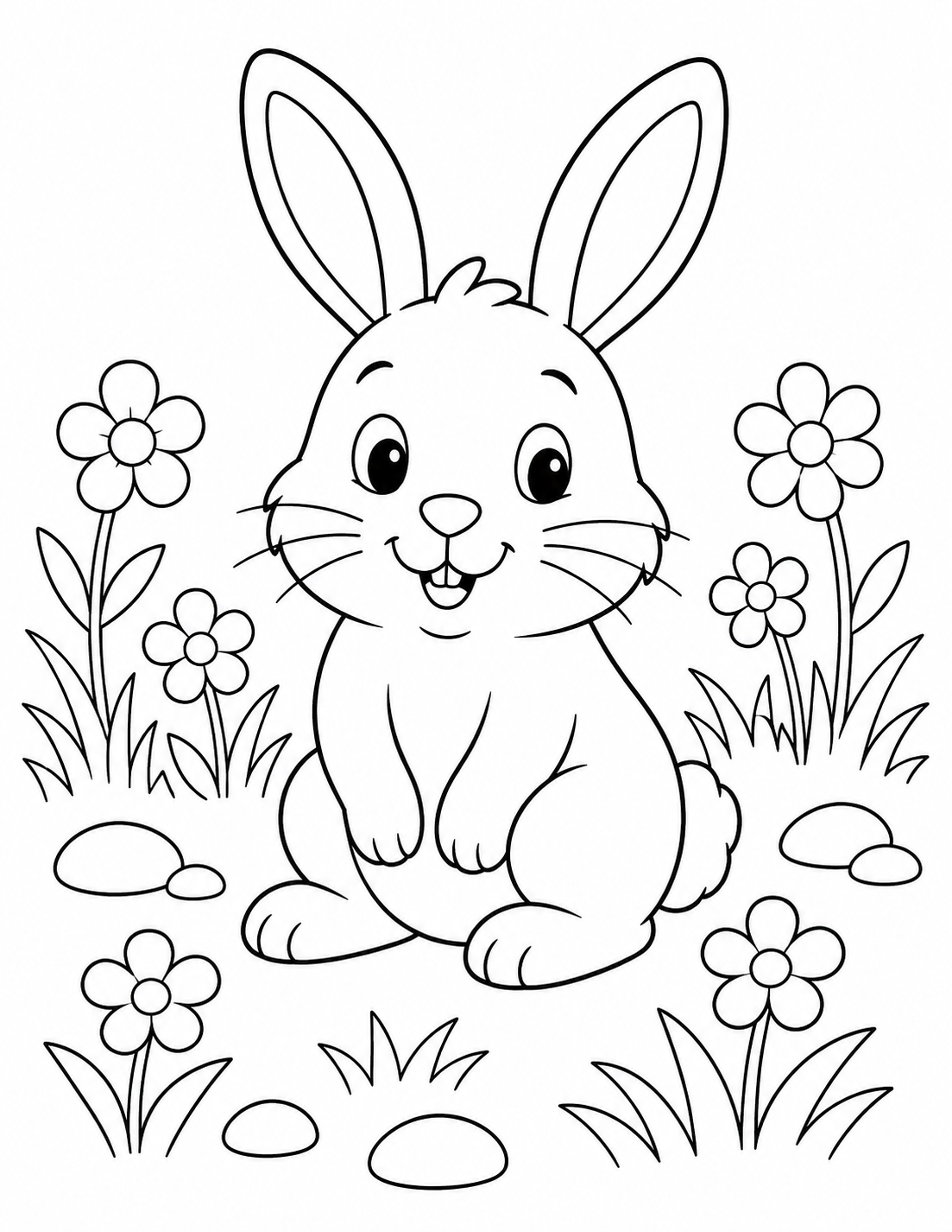 Bunny Rabbit in Flowers printable coloring page line art