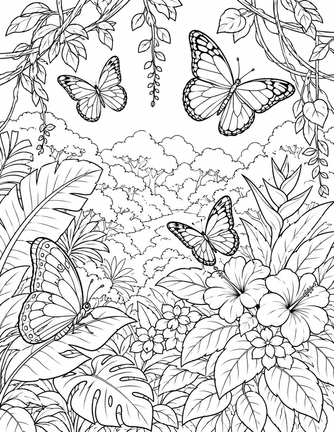 Butterflies in the Jungle printable coloring page line art