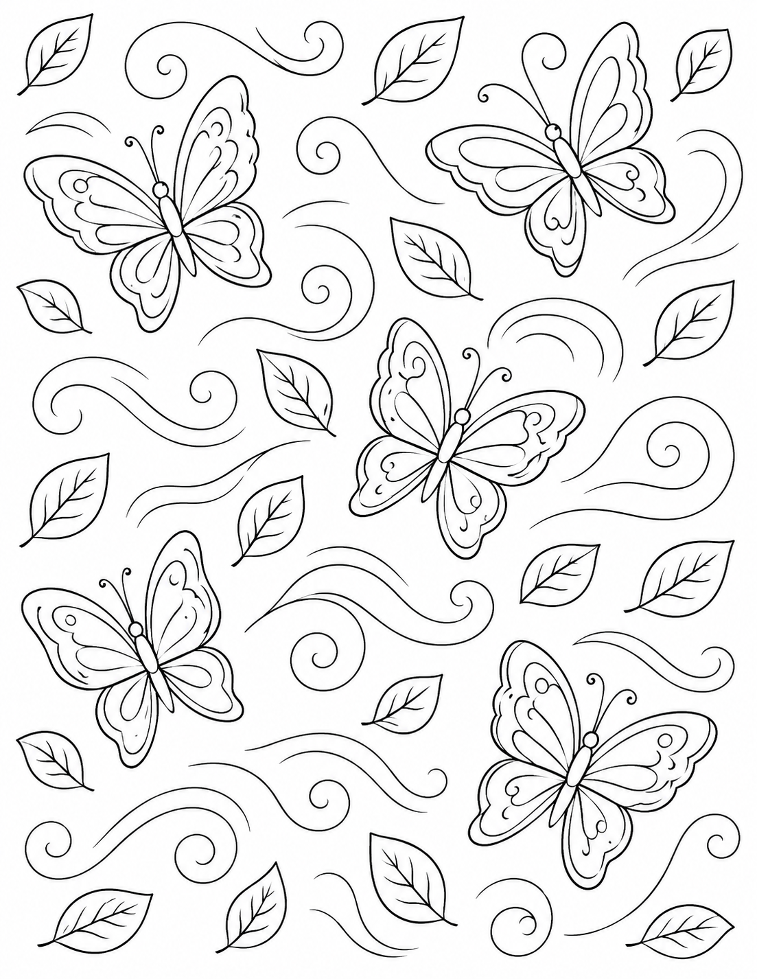 Butterfly and Leaf Pattern printable coloring page line art