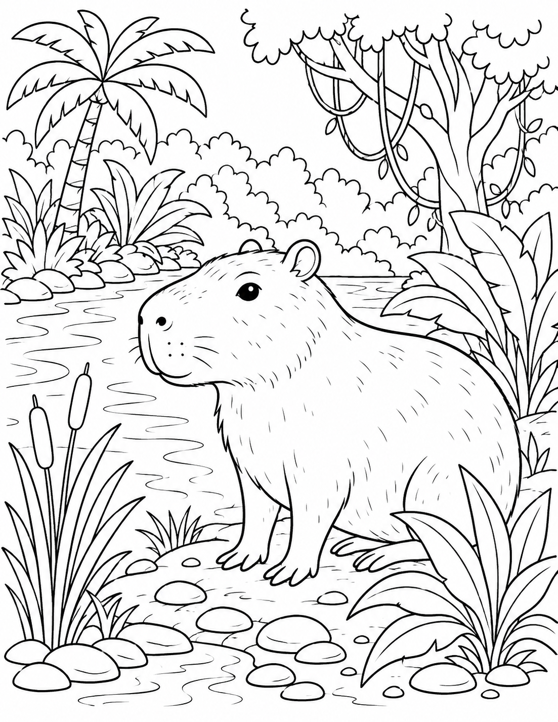 Capybara by the Water printable coloring page line art