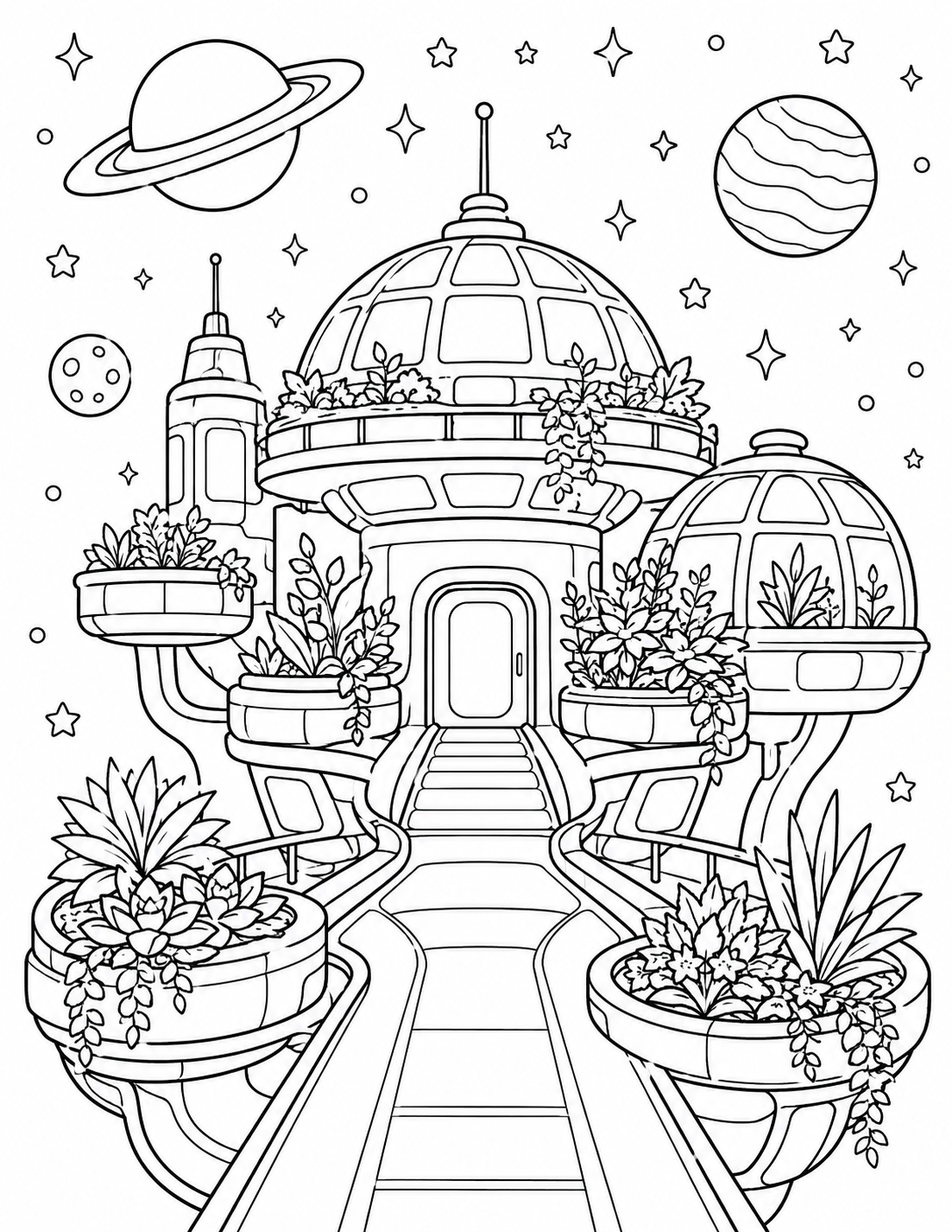 Castle on an Alien Planet printable coloring page line art