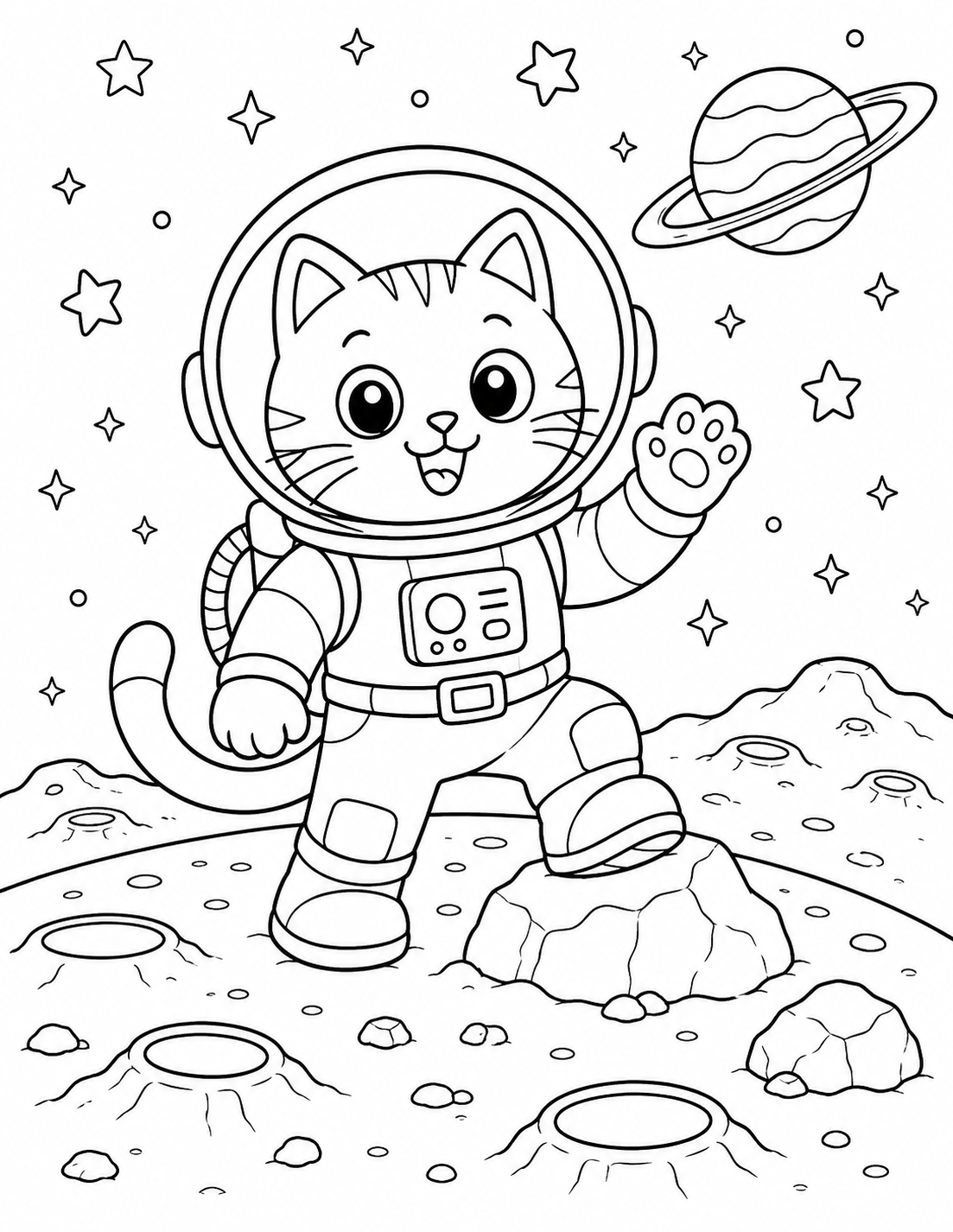 Cat Astronaut on the Moon printable coloring page line art