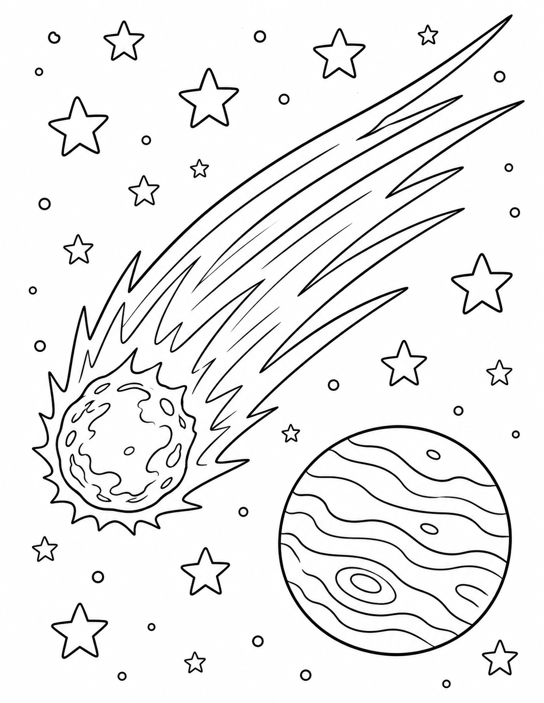 Comet Streaking Through Space printable coloring page line art