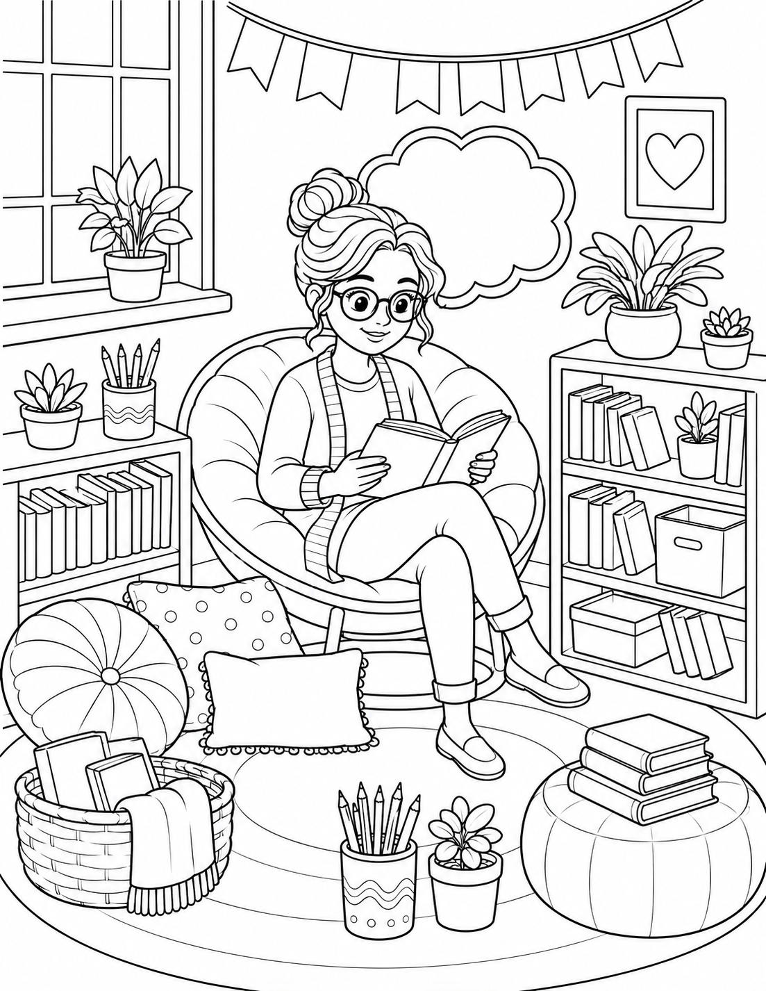 Desenho Detalhado de Cantinho de Leitura para Colorir — desenho em traço para colorir e imprimir