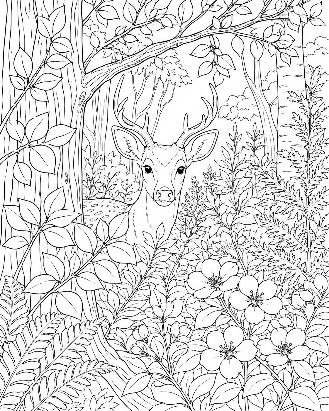 Deer Hiding in Flowers printable coloring page line art