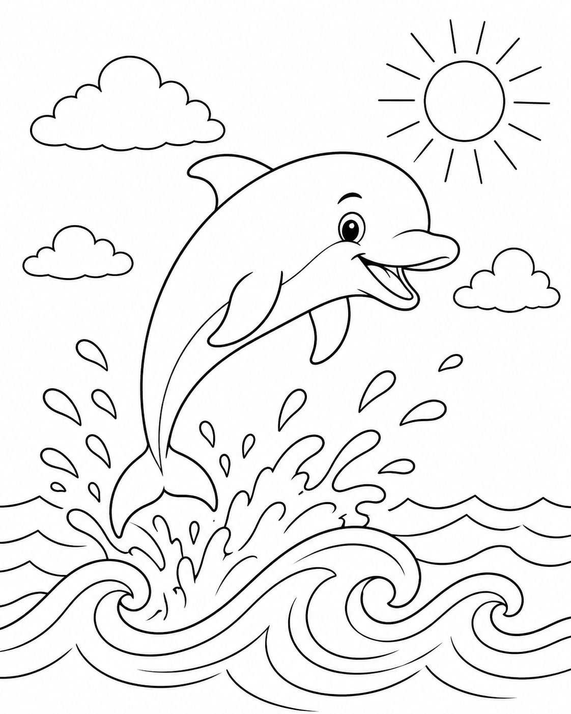 Dolphin Jumping Over Waves printable coloring page line art