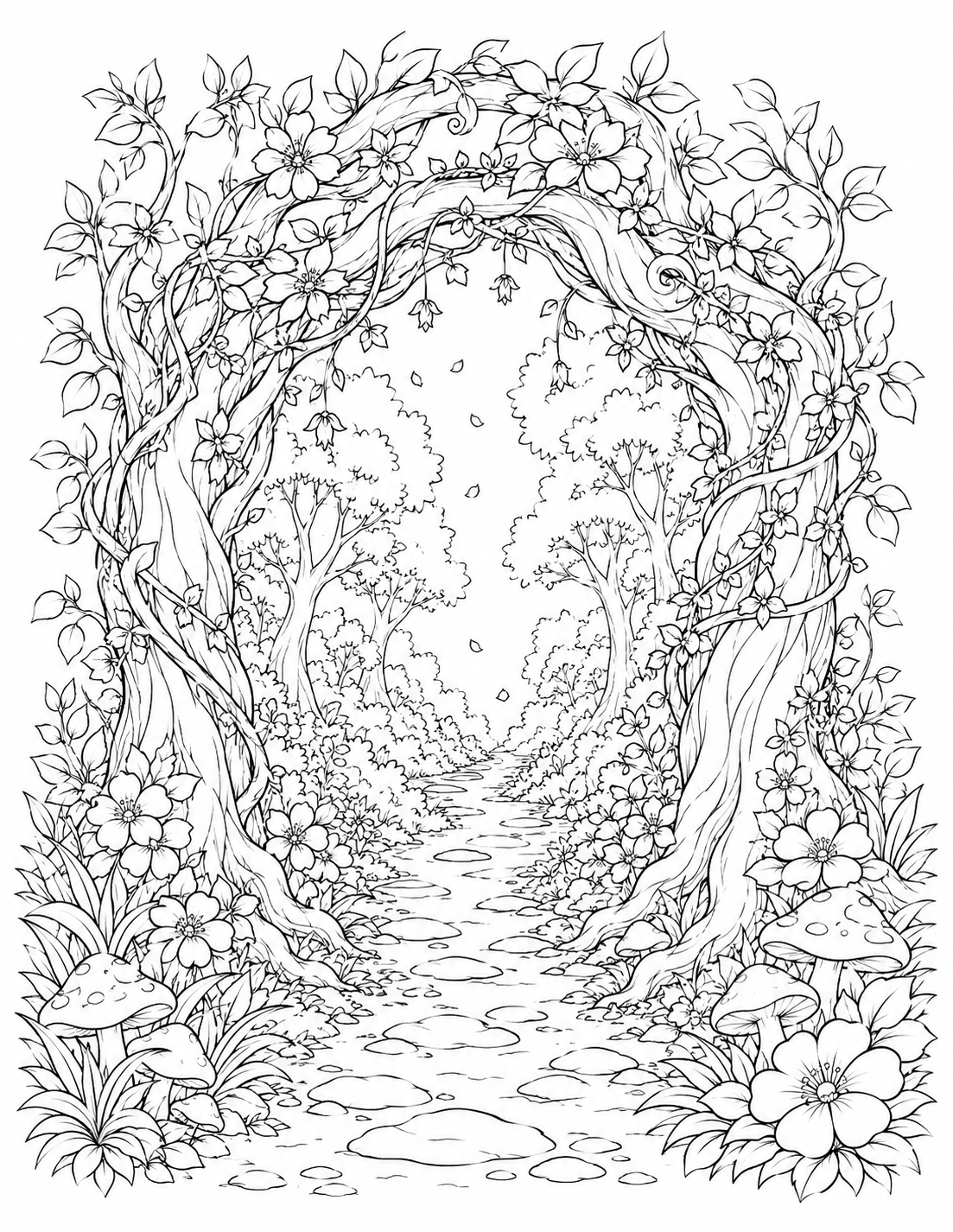 Floral Archway Path printable coloring page line art