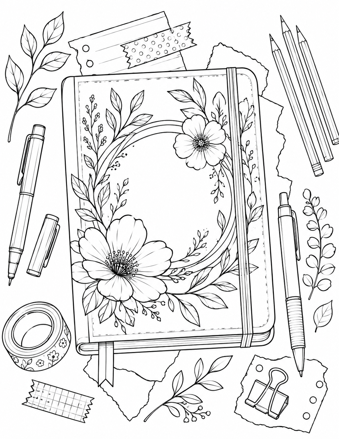 Floral Journal Cover printable coloring page line art