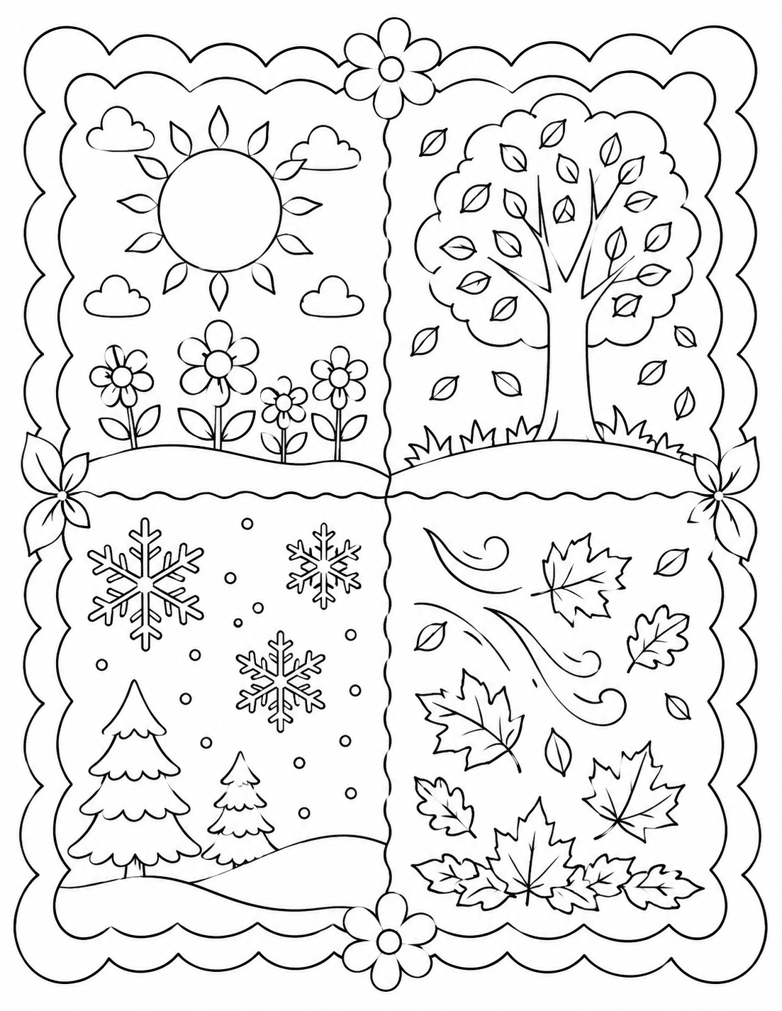 Four Seasons Grid printable coloring page line art