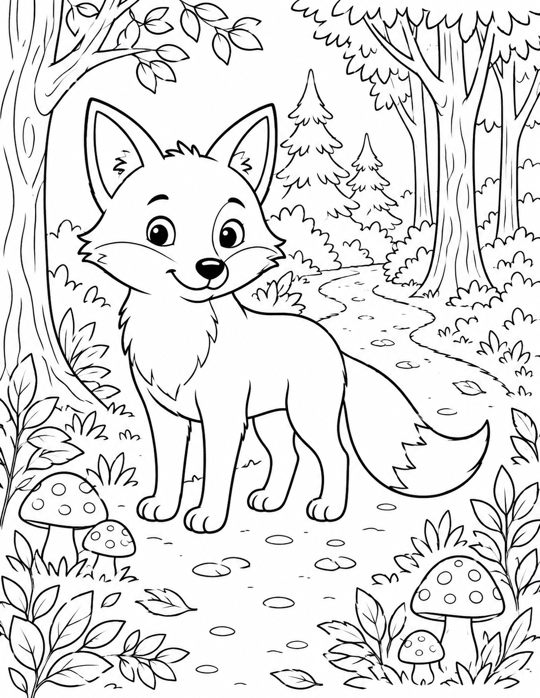 Fox in the Forest printable coloring page line art